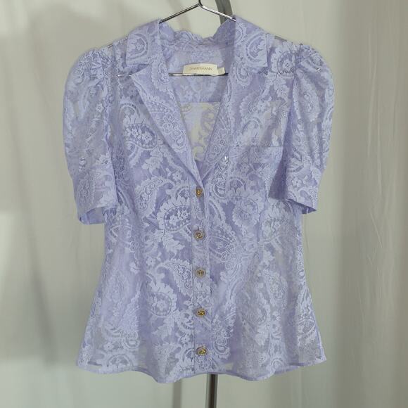 Zimmermann 'High Tide' Purple  Cotton-Blend Lace Shirt Size 1 - Picture 2 of 4